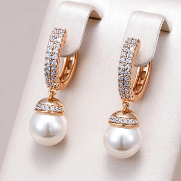 18K Pink Rose Gold Womens Hanging Drop 1ct Diamond Pearl Earrings New Jewelry